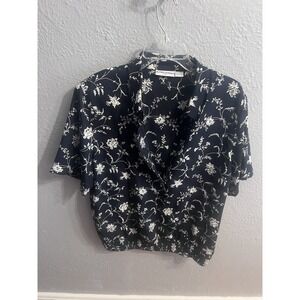 Short Sleeve‎ Blouse Size 16 1/2 Button Navy White Alfred Dunner Women